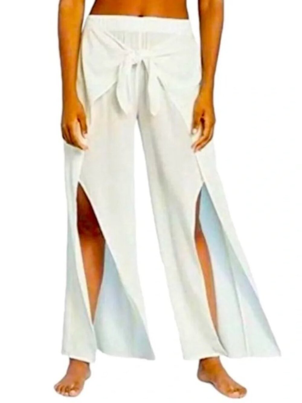 Kona Sol White Wide Leg Crinkle Cover Up Beach Pants S Tie Waist